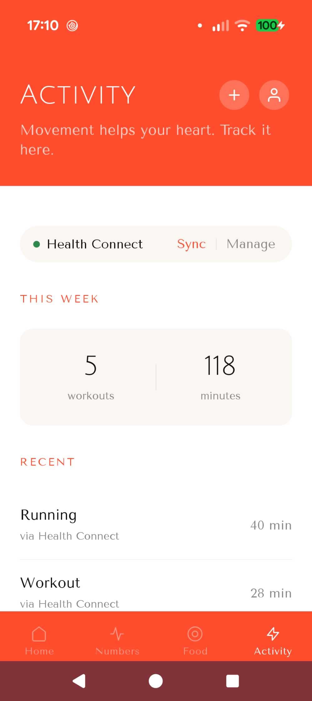 Activity screen showing 5 workouts and 118 minutes this week, with Health Connect sync and an option to log a new workout.